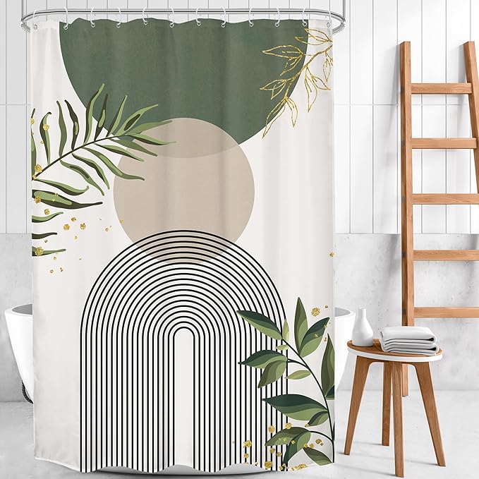 Small Stall Green Boho Shower Curtain 54Wx78H Rv Modern Bohemian Abstract Sage Green Gold Leaves Plant Minimalist Narrow Half Bathroom Decor Geometric Bath Curtain Fabric Polyester 12 Pack Hook