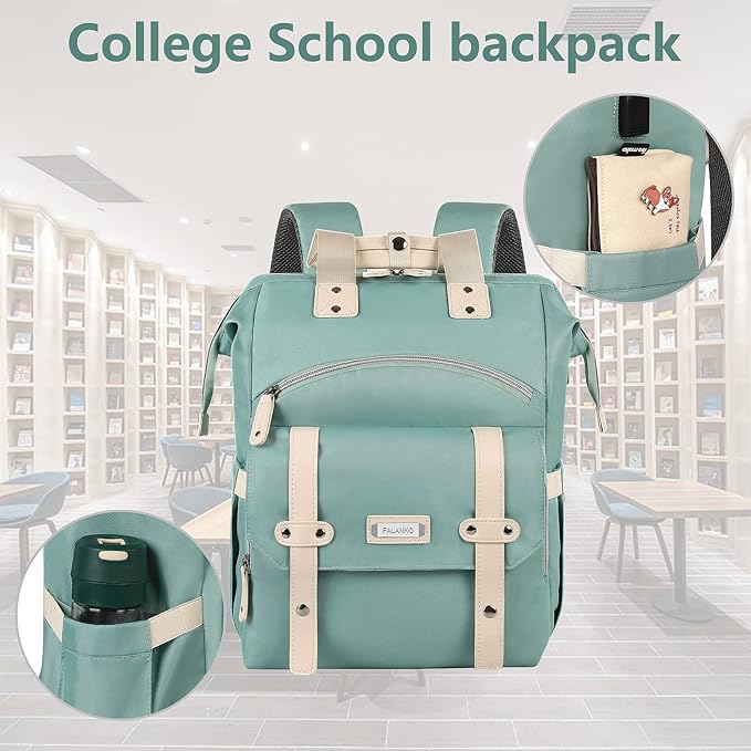 FALANKO Laptop Backpack for Women, Doctor Teacher Nurse Work Bookbag for 17.3 Inch Laptop, Large Travel Wide Open College Shoulder Purse Bag With RFID Anti Theft USB Charging Port-Green