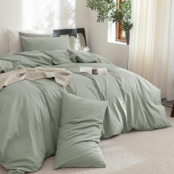 FOSSA Duvet Cover Set 100% Washed Cotton Linen Feel Super Soft Breathable Cozy 3 Pieces Bedding Sets Solid Sage Green Oversized Queen