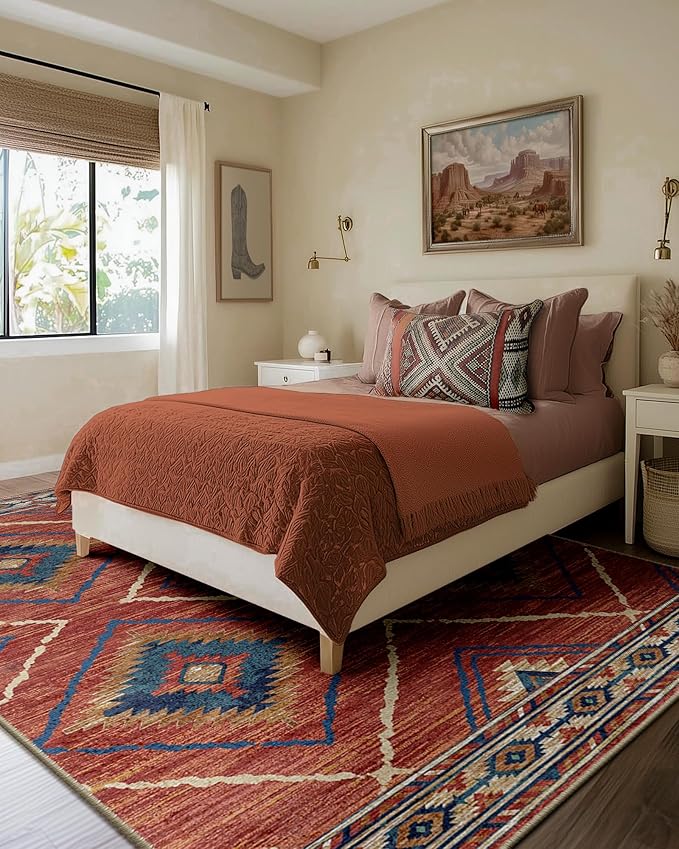 Area Rug 9x12 Rug Machine Washable Non-Slip Low Pile Print Pattern Western Rug for Living Room Bedroom Entryway Tribal Series -Red/Orange