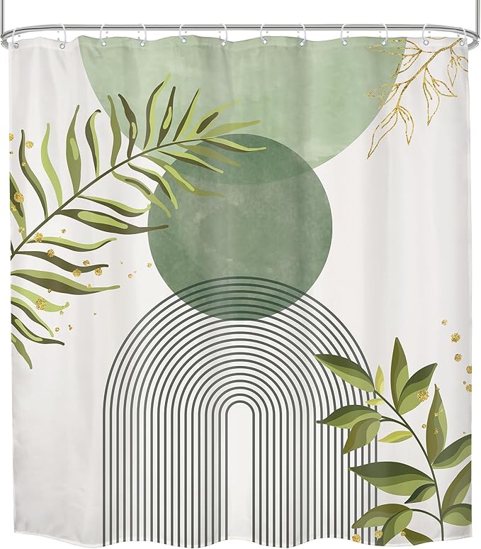 Sage Green Boho Shower Curtain 72Wx78H Modern Bohemian Abstract Leaves Olive Dark Green Mid Century Plant Bathroom Decor Minimalist Geometric Arch Bath Curtain Fabric Polyester 12 Pack Hooks