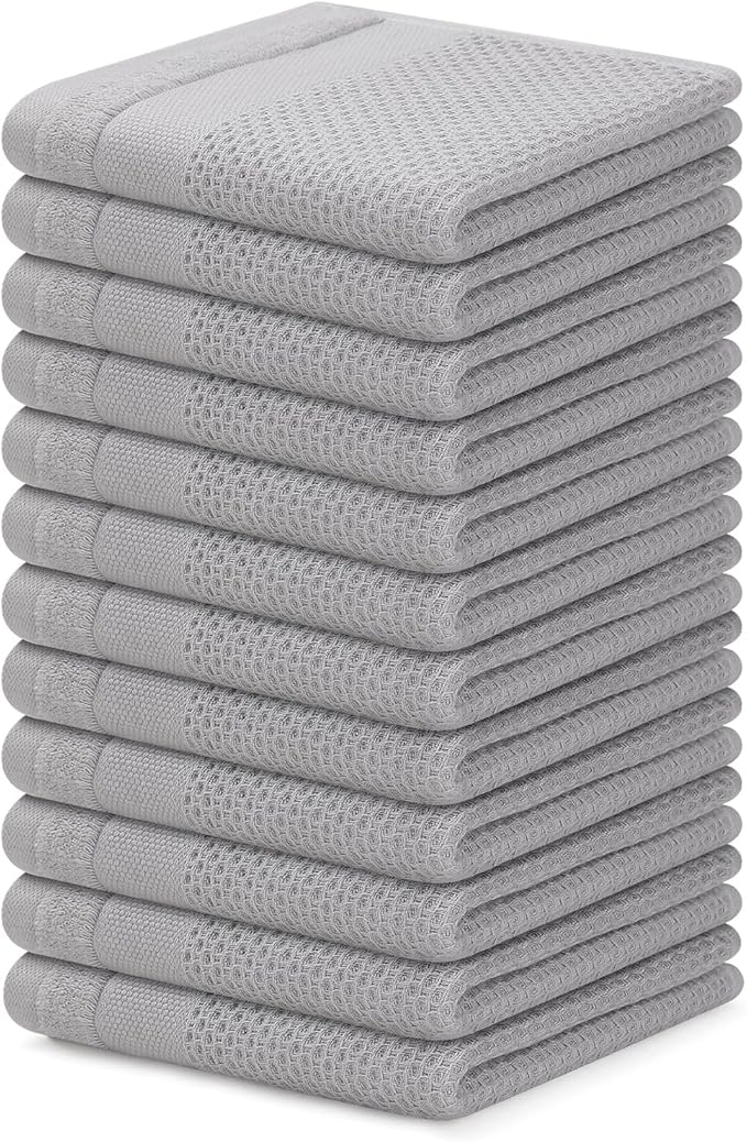 Homaxy 100% Cotton Dish Cloths, 12 Pack - 12 x 12 Inches, Waffle Weave Super Soft and Absorbent Dish Towels Quick Drying Dishcloths, Light Grey