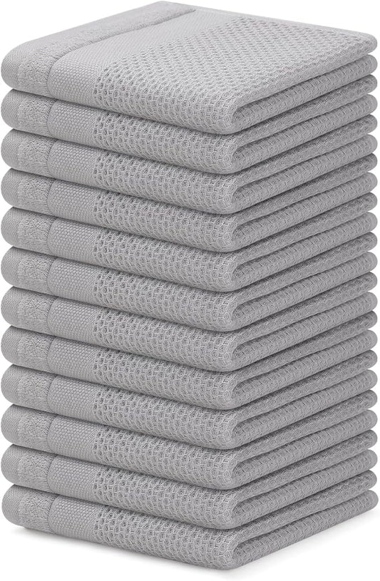Homaxy 100% Cotton Dish Cloths, 12 Pack - 12 x 12 Inches, Waffle Weave Super Soft and Absorbent Dish Towels Quick Drying Dishcloths, Light Grey