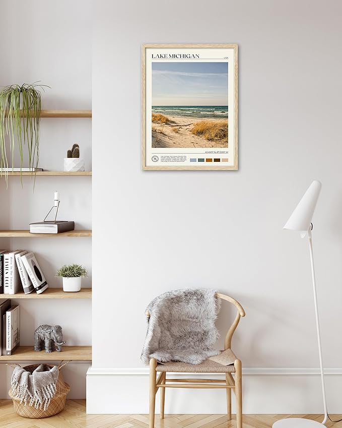 HesenDot Natural OAK Wood Lake Michigan Framed Wall Art,12x16in Natural Scenery Canvas Wall Print,Classic Urban City Landmark Wall Decor for Living Room,Bedroom,Office Gallery Gifts Set of 1