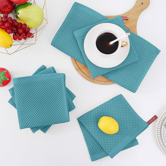 Homaxy 100% Cotton Waffle Weave Kitchen Dish Cloths, Ultra Soft Absorbent Quick Drying Dish Towels, 12 x 12 Inches, 8-Pack, Lake Blue
