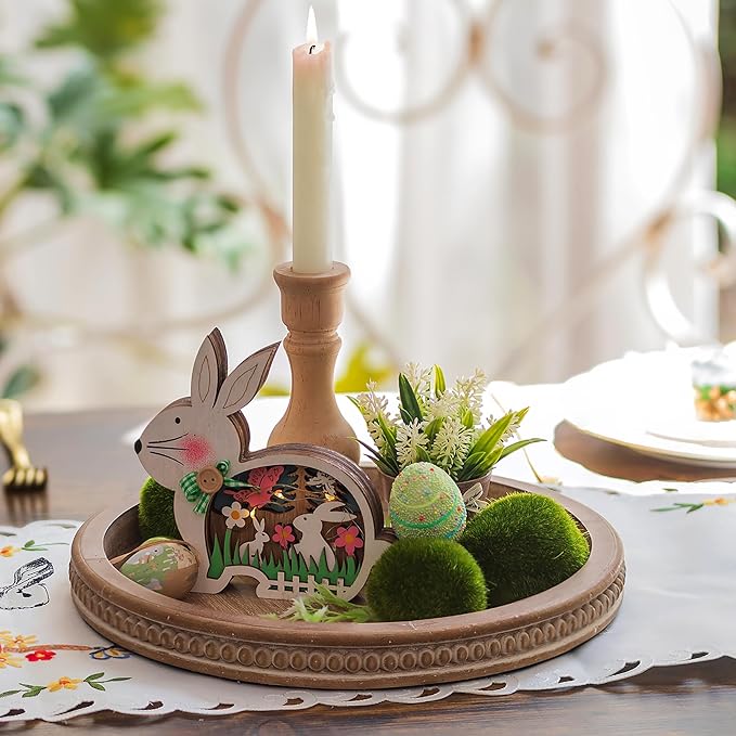 Hanobe Candle Tray Holder Decorative: Round Coffee Table Home Decor Centerpiece Boho Serving Trays for Living Room Kitchen