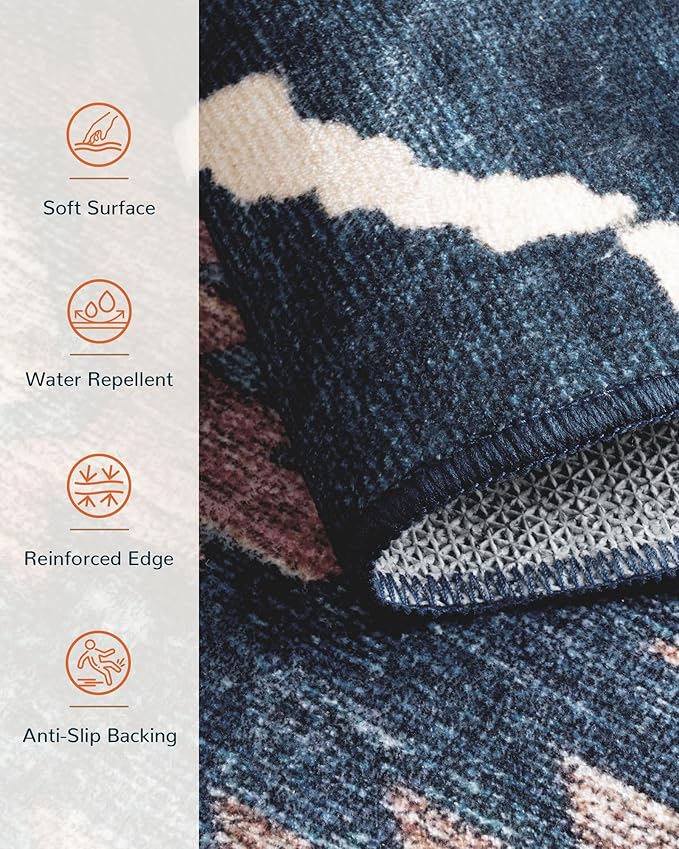 Area Rug 2x10 Rug Machine Washable Non-Slip Low Pile Print Pattern Western Rug for Living Room Bedroom Entryway Tribal Series -Darkblue