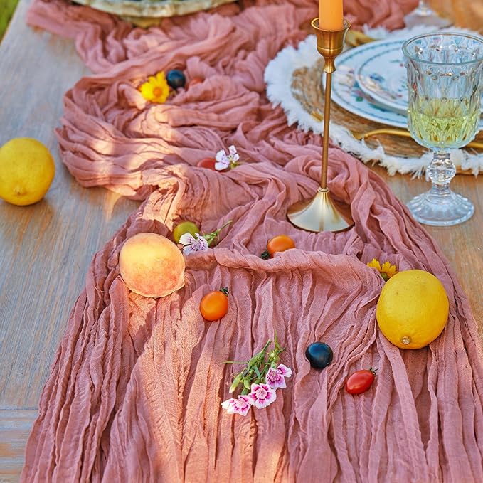 2 Pieces Boho Table Runners Dusty Blush Cheesecloth Table Runner Boho Gauze Cheese ClothTable Runner Rustic Sheer Table Runner 10FT Long for Wedding Bridal Shower Birthday Party Table Decorations