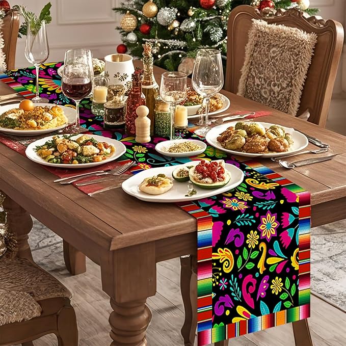 Mexican Flowers Burlap Table Runner Seasonal Spring Fall Kitchen Dining Linen Table Decoration for Indoor Outdoor Home Party Dinner 13x72 Inch