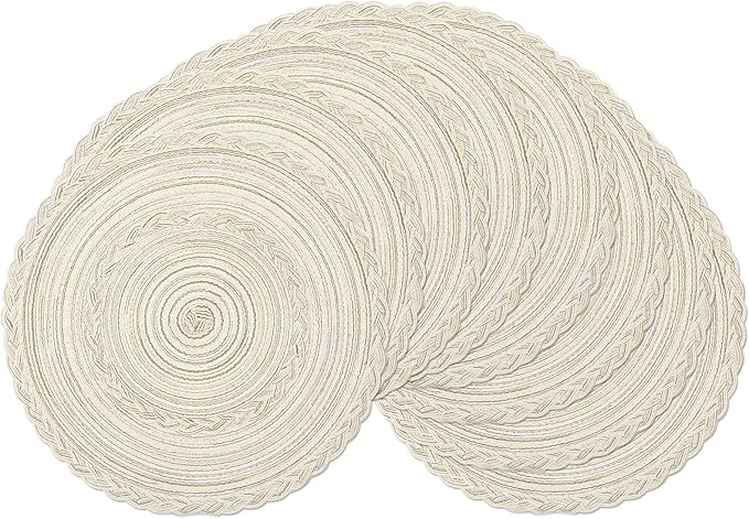 SHACOS Boho Round Placemats Set of 8 Braided Border Round Place Mats 15 inch Washable Dining Table Mats for Home Wedding Holiday Party (Ivory Bordered, 8)