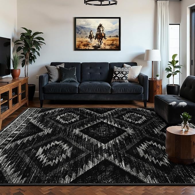 Area Rug 6x9 Rug Machine Washable Non-Slip Low Pile Print Pattern Western Rug for Living Room Bedroom Entryway Tribal Series -Black