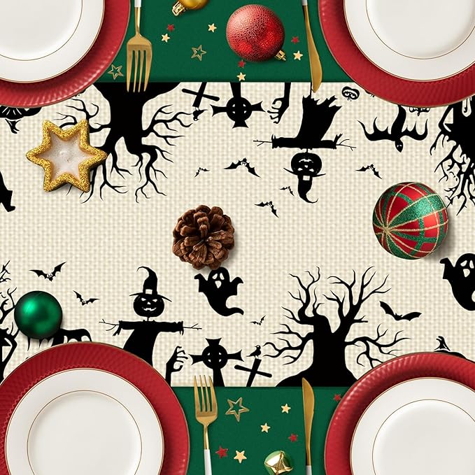 Halloween Burlap Table Runner Seasonal Spring Fall Kitchen Dining Linen Table Decoration for Indoor Outdoor Home Party Dinner 13x72 Inch