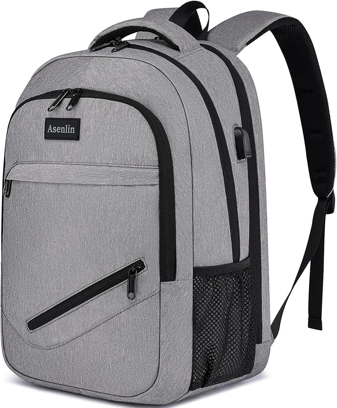 Asenlin Travel Laptop Backpack for Women & Men,Water Resistant Business Slim Sturdy Laptops Backpack with USB Charging Port,Fits 17.3 Inch Notebook College School Computer Bag-Grey