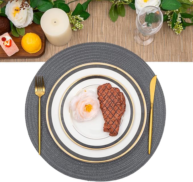 SHACOS Round Placemats Set of 6 Washable 15 inch Round Table Mats Cotton Polyester Woven Braided Place Mats for Dining Table (Charcoal Gray, 6)