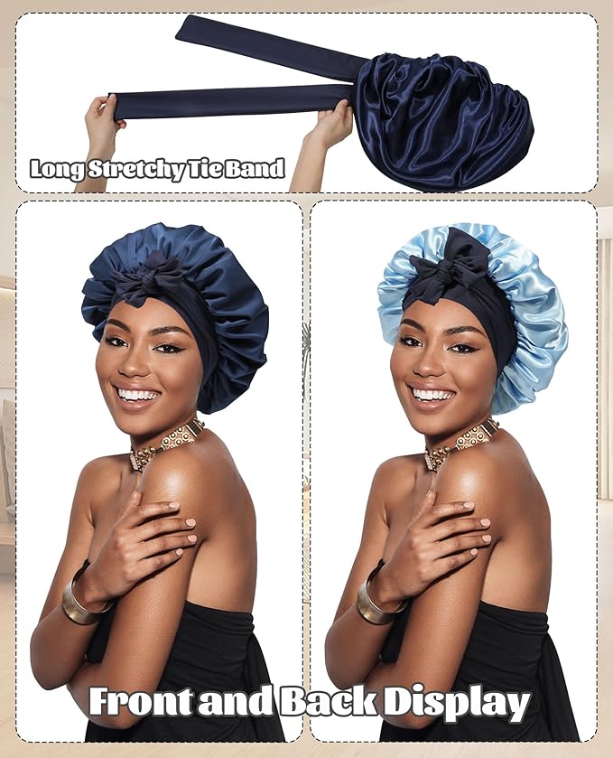 Satin Bonnet Silk Bonnet for Sleeping Silk Sleep Cap Double Layer Hair Bonnet with Elastic Tie Band for Curly Hair Night Cap (Navy Blue + Light Blue)