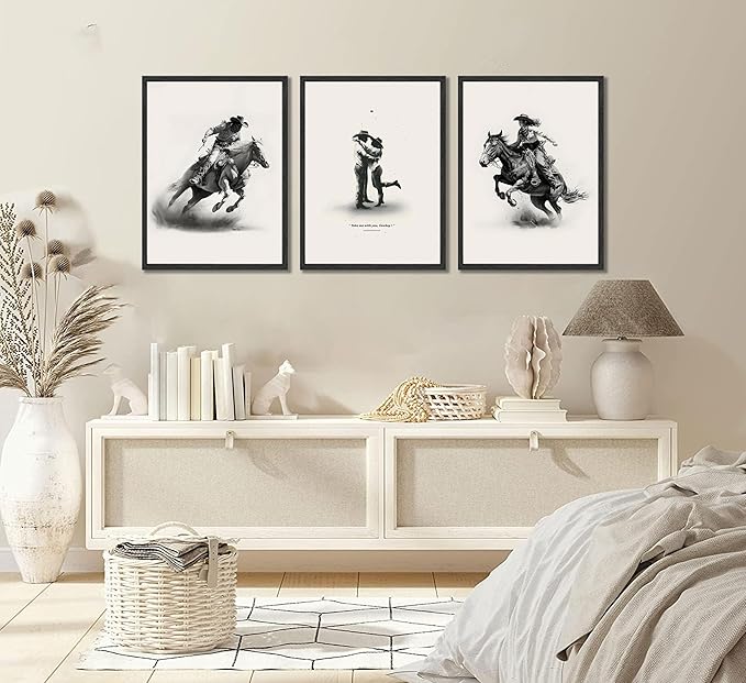 3 Pcs Western Cowboy Wall Canvas Art Simple Romantic Cowboy Couple Posters prints Paintings Western Eclectic Wall Decor Pictures for Living room and bedroom home Decor Unframed