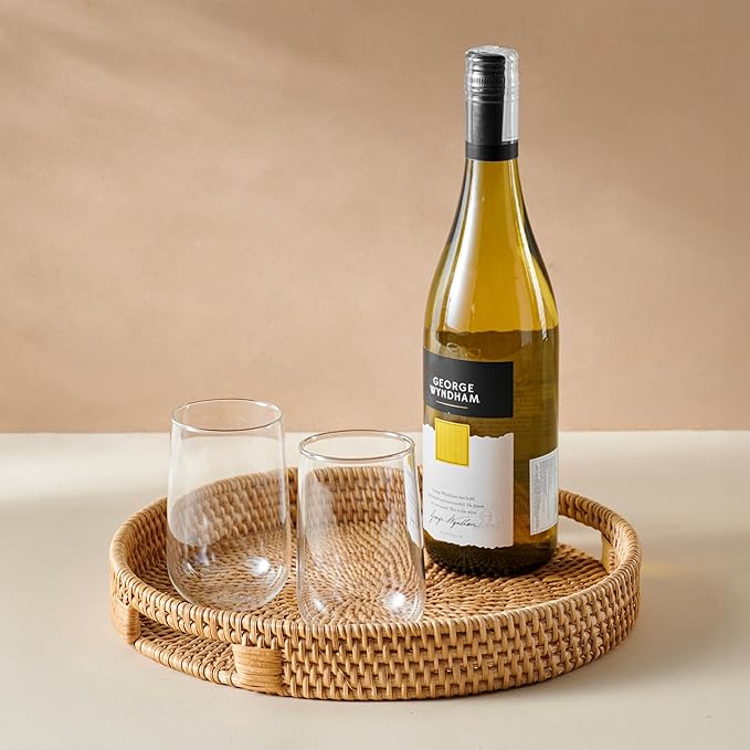 JUNGLE CULTURE Rattan Serving Tray 12" in Natural Honey • Woven Serving Trays with Handles for Home • Round Decorative Circle Table Tray • Boho Wicker Serving Basket for Ottoman, Coffee Table, Couch