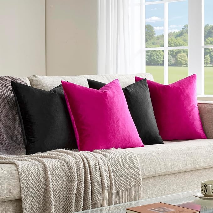GIGIZAZA Pillow Covers 20x20 Set of 4,Black Hot Pink Velvet Soft Pillow Covers Decorative Square Modern Pillows Cushion Cases for Living Room
