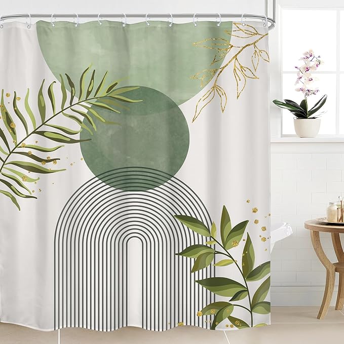 Sage Green Boho Shower Curtain 72Wx84H Extra Long Modern Abstract Bohemian Leaves Minimalist Neutral Botanical Arch Bathroom Decor Mid Century Plant Bath Curtain Fabric Polyester 12 Pack Hooks