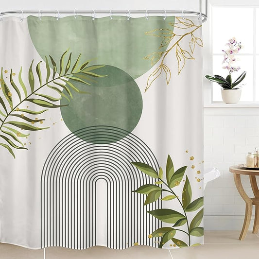 Sage Green Boho Shower Curtain 72Wx84H Extra Long Modern Abstract Bohemian Leaves Minimalist Neutral Botanical Arch Bathroom Decor Mid Century Plant Bath Curtain Fabric Polyester 12 Pack Hooks