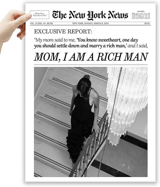 EcoHest Unframed Trendy Newspaper Wall Art, 12x16 in OAK Wood Mom I Am a Rich Man Canvas Art, Magazine Girly Poster College Dorm Decor, Beige Logs Set of 1 for Bedroom Living Room