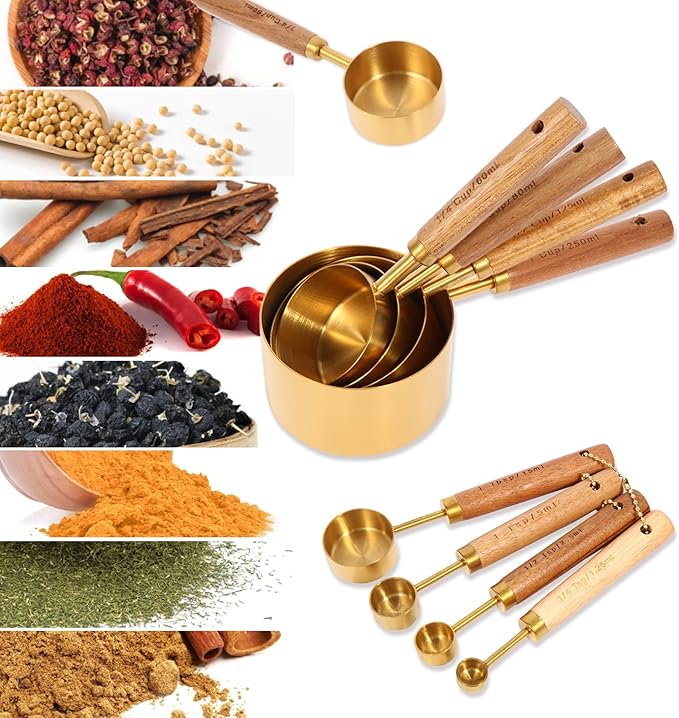 Gold Measuring Cups and Spoons Set with Fragrant Wood Handles, Premium Stainless Steel Measuring Spoons and Measuring Cups Set, For Cooking and Baking in the Kitchen (8 Piece)