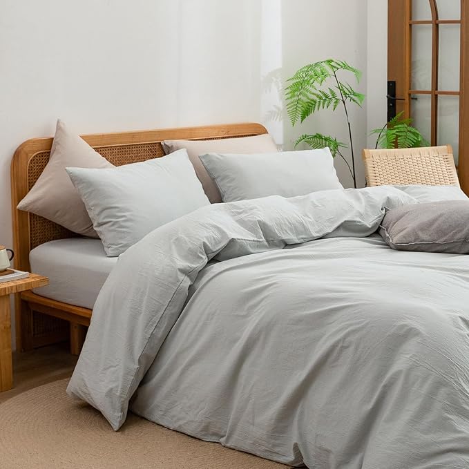 BESTOUCH Duvet Cover Set 100% Washed Cotton Linen Feel Super Soft Comfortable Chic Lightweight 3 PCs Home Bedding Set Solid Northern Droplet Grey Oversized Full