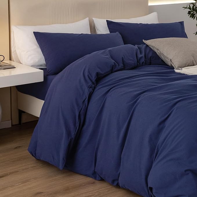 JIYUAN 100% Washed Cotton Duvet Cover Set 2 Pieces Twin, 1 Duvet Cover 68x90 Inches(Comforter Not Included) and 1 Pillowcases,Linen Feel Bedding Set Comfy and Breathable,Navy Blue