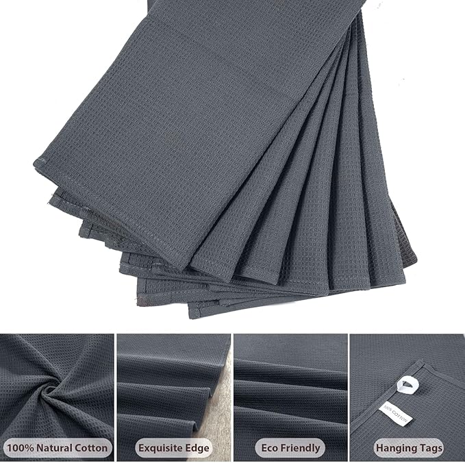 QUILTINA Dish Towels Set,100% Cotton Waffle Weave Kitchen Towels 6 Pack,14 x 14 Inches Dish Towels for Kitchen,Super Absorbent for Drying and Cleaning (Dark Grey)