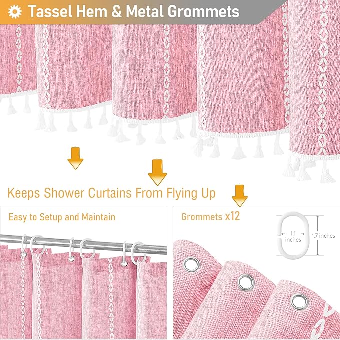 BTTN 78 Inch Long Shower Curtain - Pink Girly Boho Linen Striped Tassel Fabric Shower Curtain Set, Tall Modern Farmhouse Vintage Water Repellent Shower Curtain for Bathroom with Hooks, 72x78, Blush