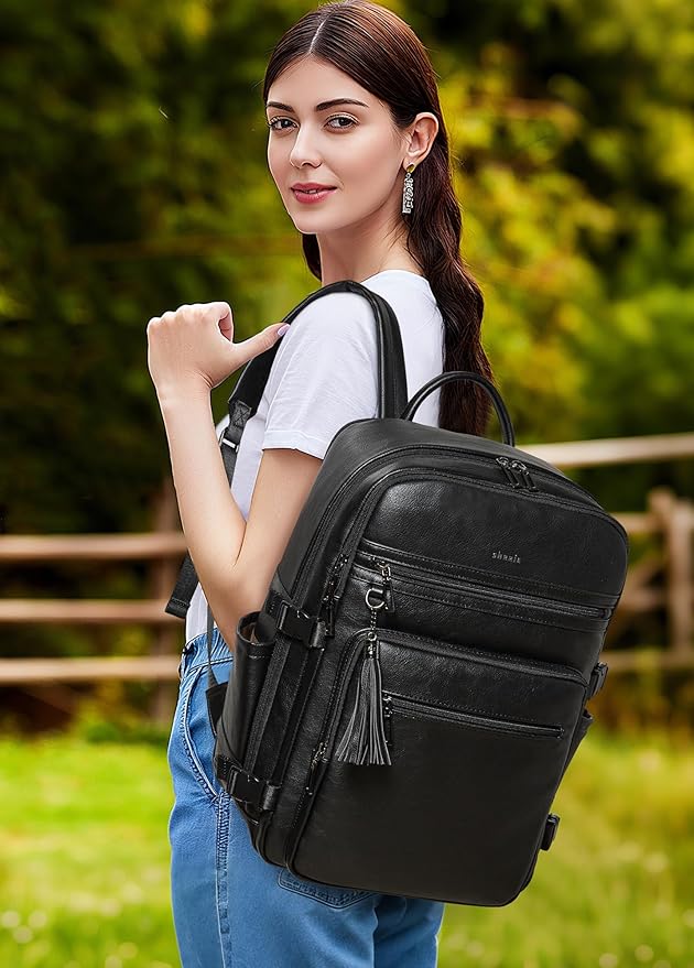 Shrrie Laptop Backpack for Women,Vegan Leather Backpack Work Computer Backpacks fits 16" Laptop,Water Resistant Teacher Nurse Casual Daypack for Weekender Camping Travel,Two-toned Black
