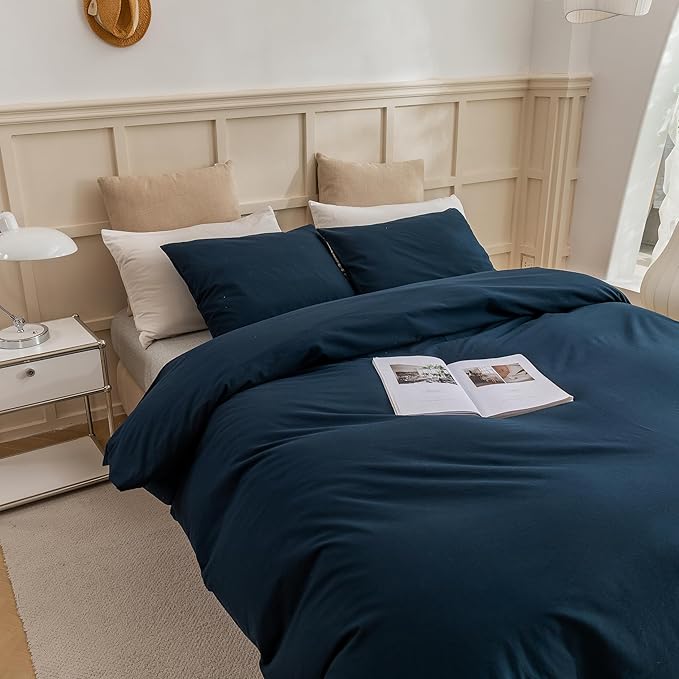 ECOCOTT Navy Blue Duvet Cover Queen Size, 100% Washed Cotton 3 Piece Bedding Set 1 Duvet Cover with Zipper and 2 Pillowcases, Ultra Soft and Easy Care Breathable Duvet Cover(Navy Blue, Queen)