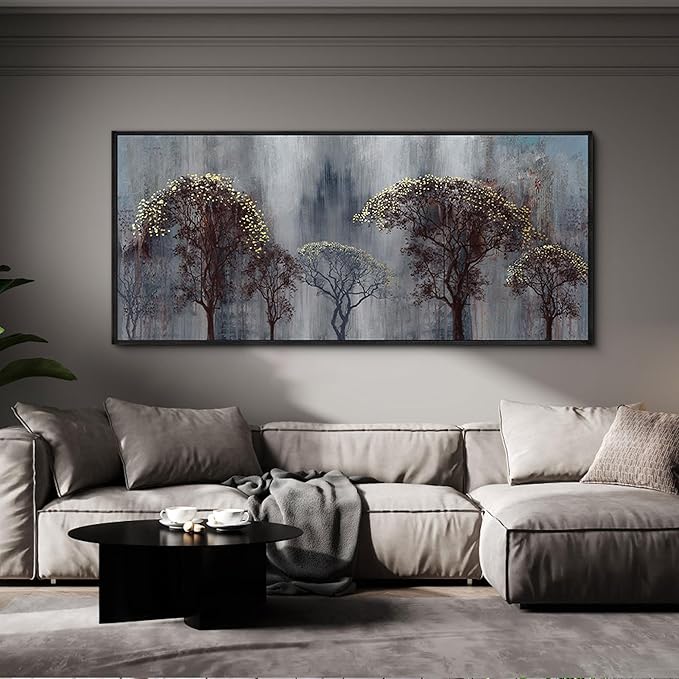 KLAKLA Living Room Wall Art - Black and White Wall Decor Large Picture Landscape Black and Gold Tree Artwork for Walls Frame Canvas Bedroom Office Home Decor 70x31 Inches