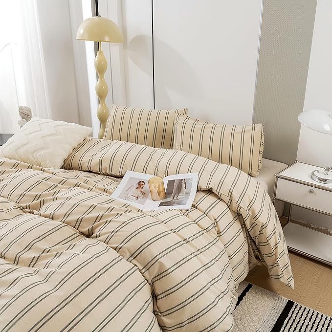 ECOCOTT Duvet Cover Set, 100% Washed Cotton Linen-Like Textured Soft & Breathable, Durable Comfy Bedding Set for All Seasons (Dark Green Stripe, California King)