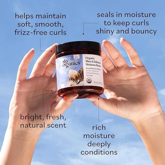 Sky Organics USDA Organic Shea & Babassu Moisture Butter, Deeply Hydrating, Nourishing, Soft, Shiny, Healthier-Looking Curls, Tames Frizz, Boosts Shine, Conditions, Curly Hair, 8 Oz w Ebook