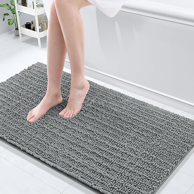 Arotive Luxury Chenille Bathroom Rug Mat, Extra Soft Thick Absorbent Shaggy Bath Rugs, Non-Slip Machine Wash Dry, Plush Bath Mats for Bathroom, Shower and Tub, 54x24, Grey