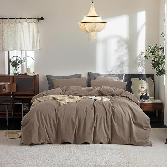 FOSSA Duvet Cover Set 100% Washed Cotton Linen Feel Super Soft Breathable Cozy 3 Pieces Bedding Sets Solid Pale Brown California King