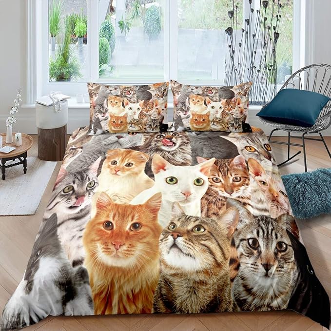 Feelyou Cat Comforter Set - Cat Lover Gifts, Bedding for Women & Kids, Cute Kitten Pattern Duvet Cover Set, Queen Size, Soft Lightweight (1 Bedspread + 2 Pillow Shams)