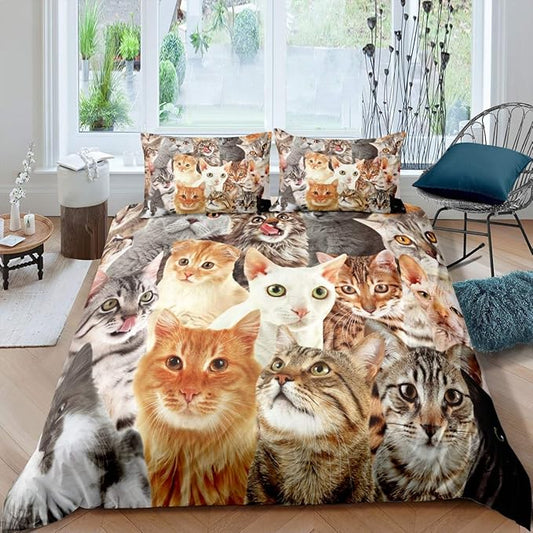 Feelyou Cat Comforter Cover Set Cat Lover Gifts Bedding for Women Cute Kitten Pattern Duvet Cover Set Twin Cat Quilt Cover Kids Bedroom Decor (1 Bedspread Cover + 1 Pillow Sham) Soft Lightweight
