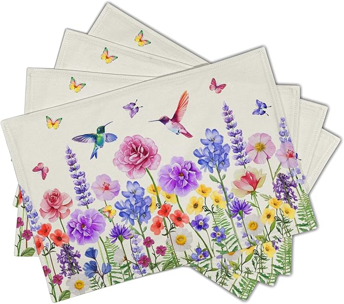 Giwawa Hummingbird Flower Placemats Set of 4, 12"x18" Watercolor Spring Herb Floral Table Mats, Wildflower Botanical Stain Resistant Washable Linen Place Mat for Kitchen Dining Party Decor