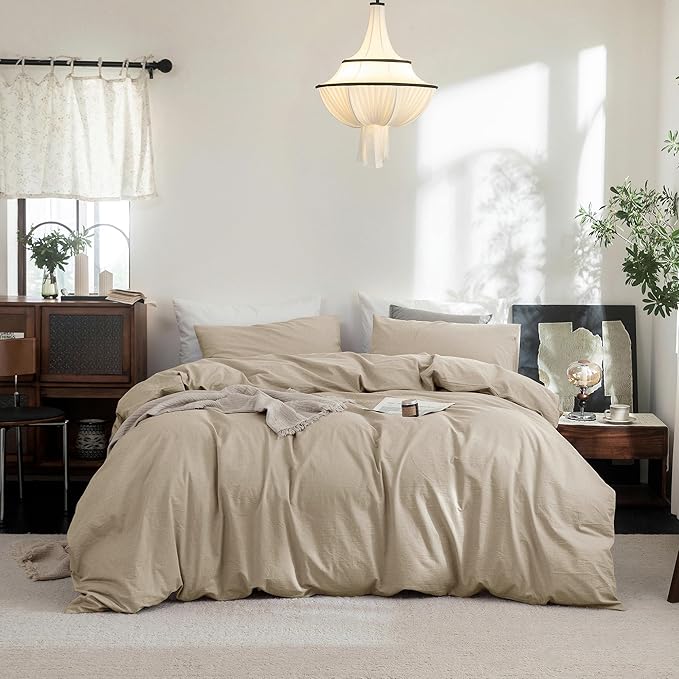 FOSSA Duvet Cover Set 100% Washed Cotton Linen Feel Super Soft Breathable Cozy 3 Pieces Bedding Sets Solid Light Khaki Queen