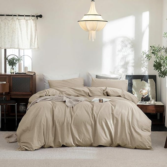 FOSSA Duvet Cover Set 100% Washed Cotton Linen Feel Super Soft Breathable Cozy 3 Pieces Bedding Sets Solid Light Khaki Queen