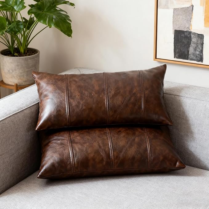 Faux Leather Throw Pillow Covers 12X20 Inch Set of 2 Outdoor Modern Farmhouse Solid Decorative Pillow Covers for Room Couch Living Bedroom Bed Sofa