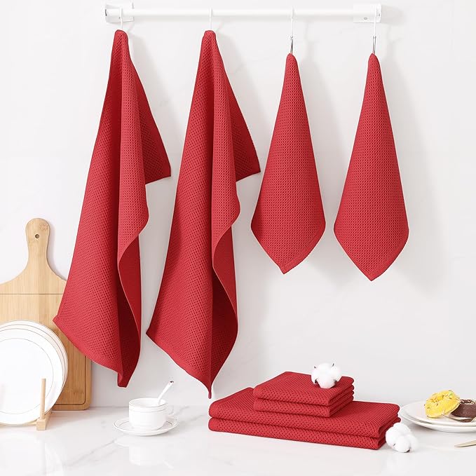 Homaxy 100% Cotton Kitchen Towels and Dishcloths Set, 12 x 12 Inches and 13 x 28 Inches, Set of 8 Bulk Kitchen Towels Set, Ultra Soft Absorbent Dish Cloths for Washing Dishes, Red