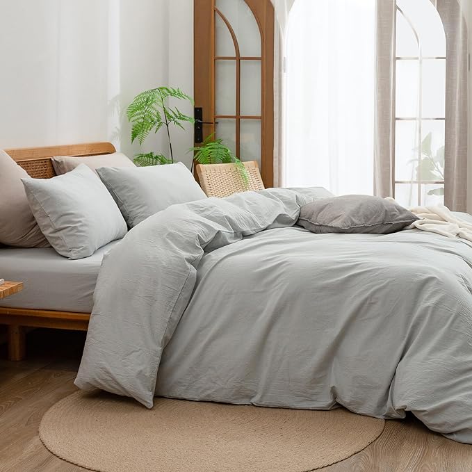 BESTOUCH Duvet Cover Set 100% Washed Cotton Linen Feel Super Soft Comfortable Chic Lightweight 3 PCs Home Bedding Set Solid Northern Droplet Grey Oversized King