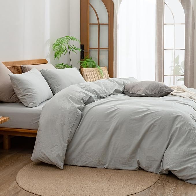 BESTOUCH Duvet Cover Set 100% Washed Cotton Linen Feel Super Soft Comfortable Chic Lightweight 2 PCs Home Bedding Set Solid Northern Droplet Grey Twin/Twin XL