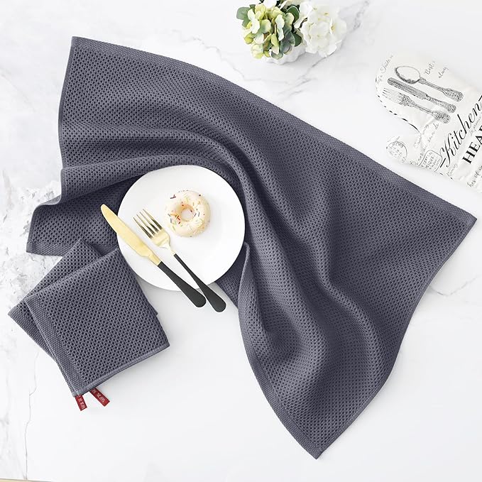 Homaxy 100% Cotton Kitchen Towels and Dishcloths Set, Large 12 x 12 Inches and 20 x 28 Inches, Set of 8 Bulk Kitchen Towels Set, Ultra Soft Absorbent Dish Cloths for Washing Dishes, Dark Grey