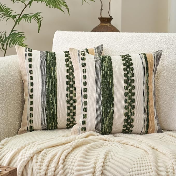 Aeckself Boho Throw Pillow Covers 18x18 Inch Set of 2, Farmhouse Decorative Striped Square Pillow Covers Chenille Tufted Pillow Cases Accent Neutral Pillowcase for Living Room Couch Bed, Dark Green