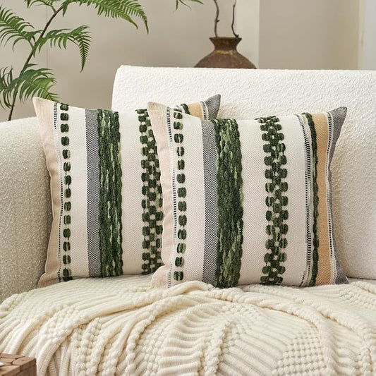 Aeckself Boho Throw Pillow Covers 18x18 Inch Set of 2, Farmhouse Decorative Striped Square Pillow Covers Chenille Tufted Pillow Cases Accent Neutral Pillowcase for Living Room Couch Bed, Dark Green