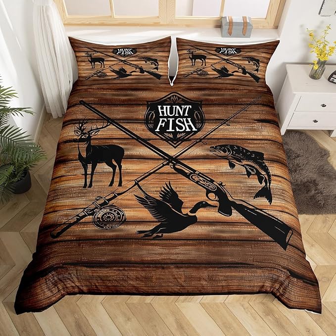 Retro Hunt Fish Duvet Cover Set Full Size,RustIc Farmhouse Wooden Board Comforter Cover with 2 Pillowcases,Deer Bird Fish Wild Animal Hunting Lodge Decor Quilt Cover (No Comforter),Soft Polyester